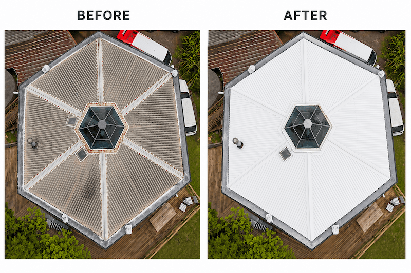 Before and after aerial views of the Titirangi hexagonal asbestos roof encapsulated with Noxyde