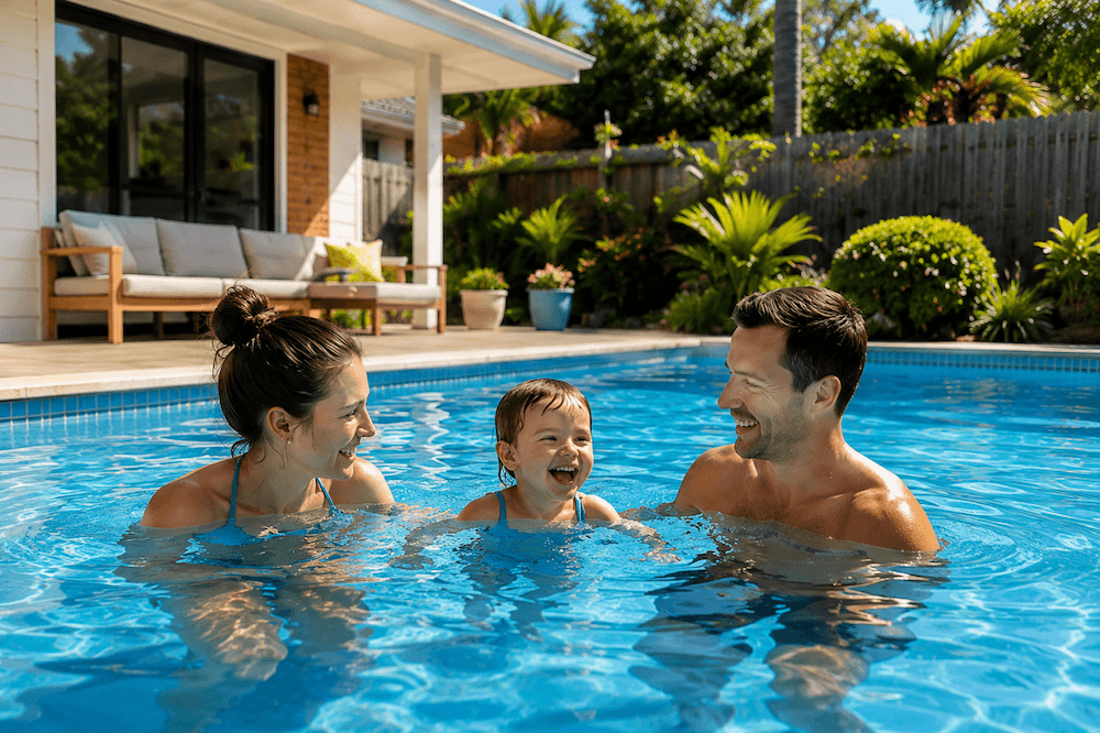 Family swimming together in a freshly coated backyard pool on a sunny New Zealand day