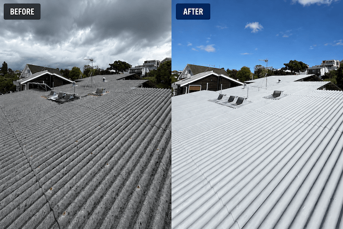 Before and after: a weathered asbestos roof restored with a bright white Noxyde coating