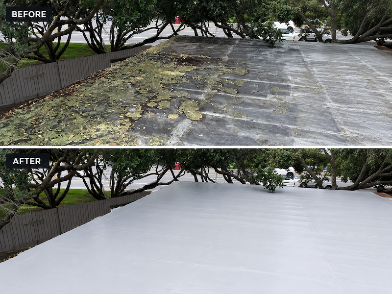 Before and after of the Orewa Community Hall membrane roof restored with Noxyde