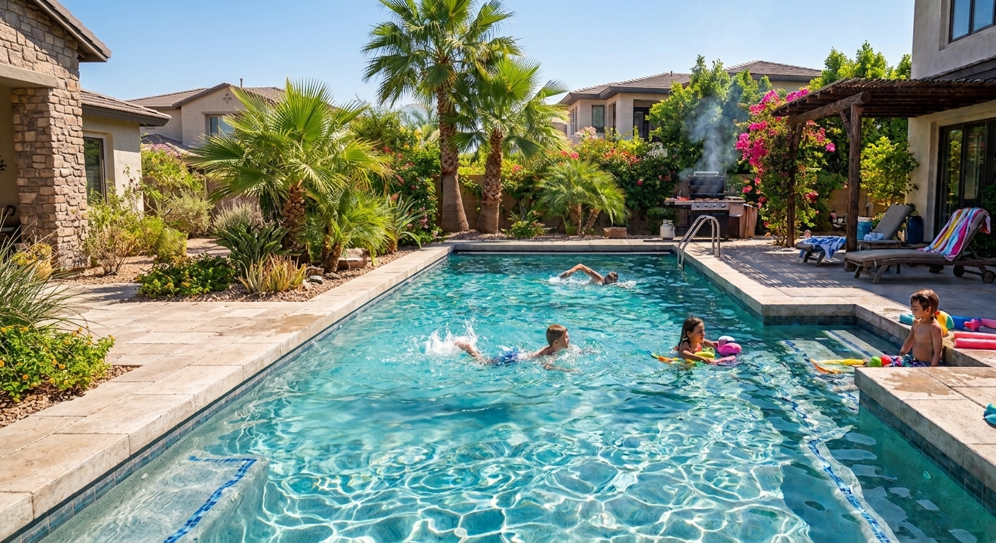 Family playing in a clean, freshly coated swimming pool