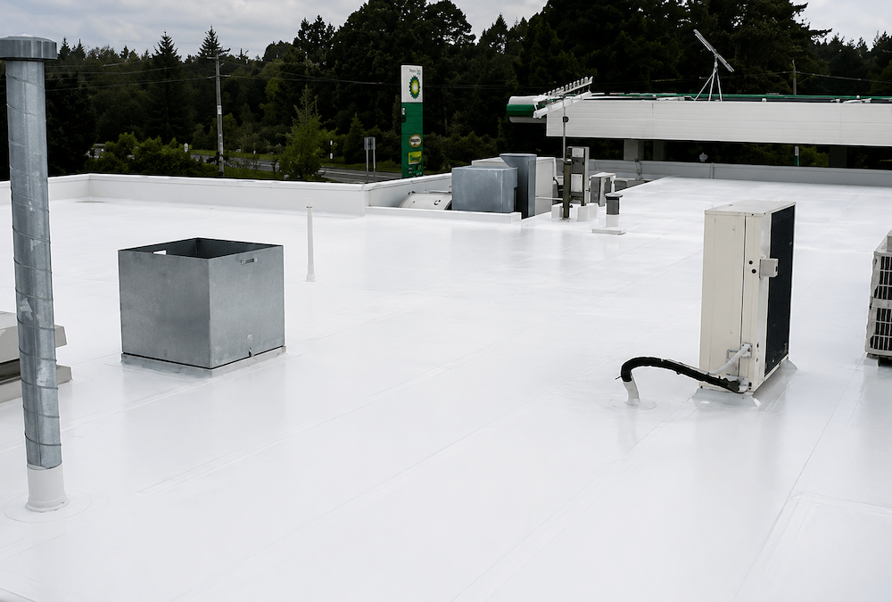 BP Wairakei commercial roof with a seamless white waterproofing membrane