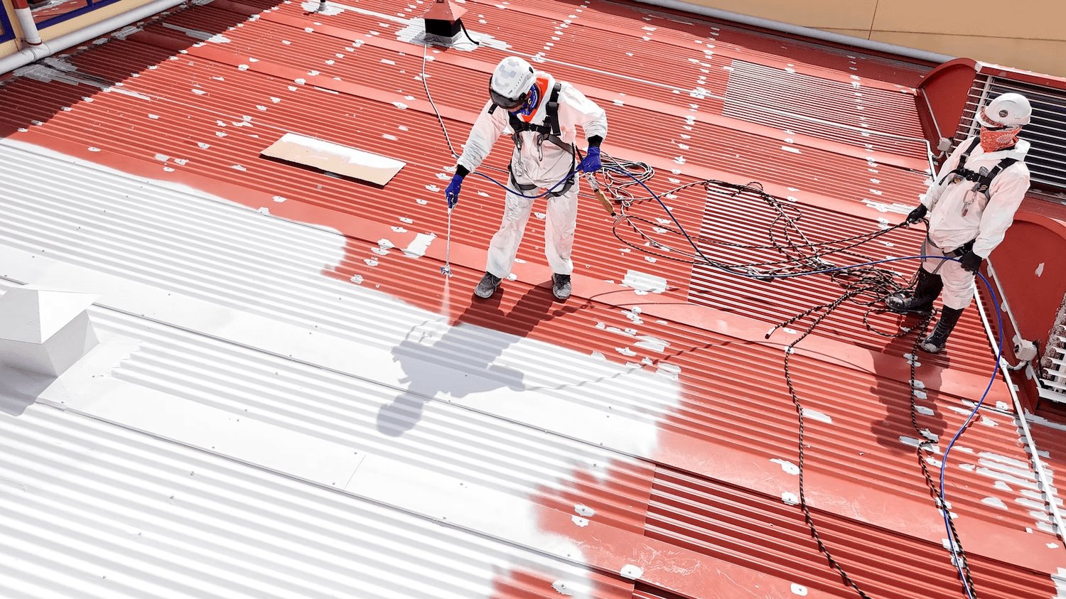 Roofing contractors applying white Noxyde coating to a red commercial roof