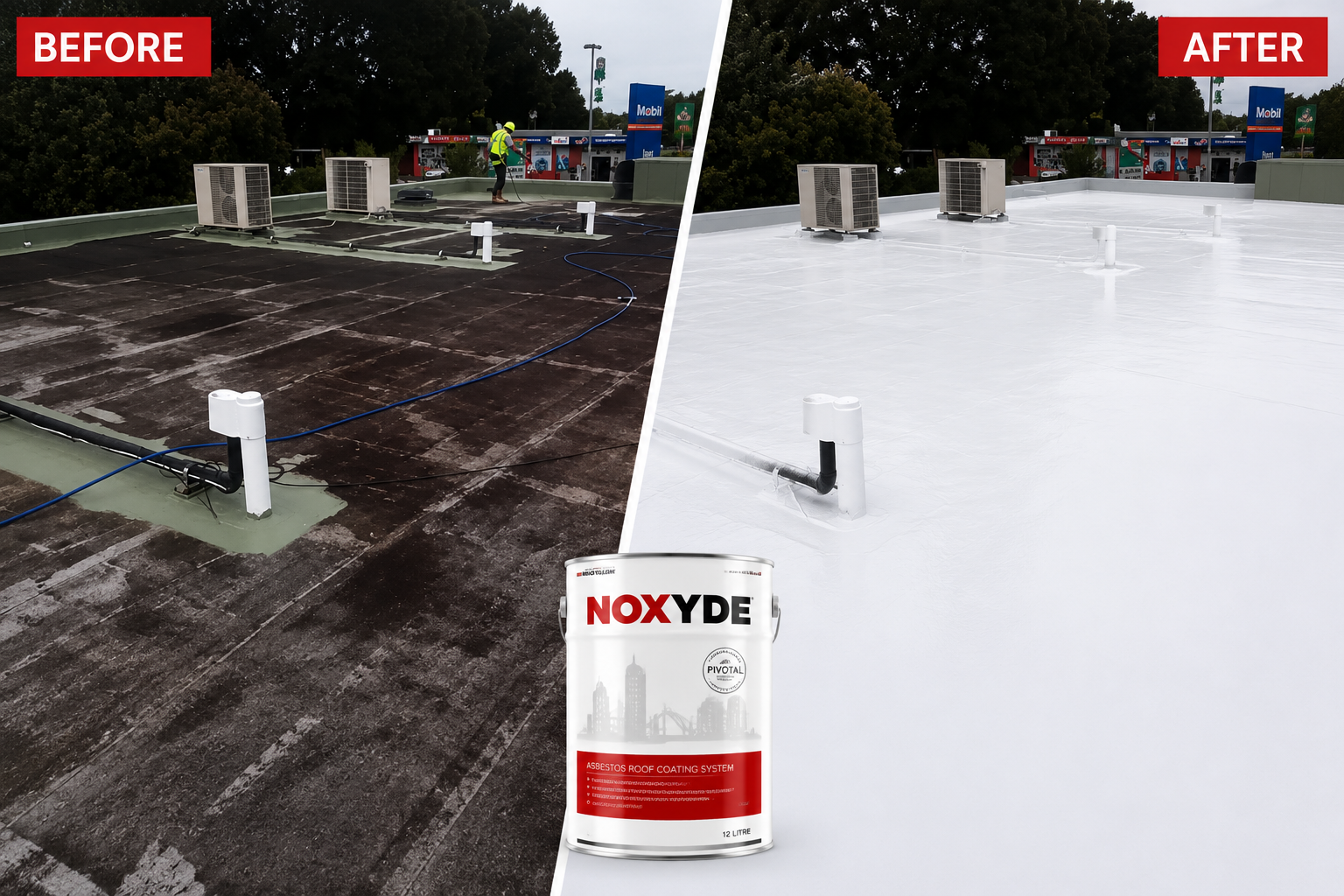 A tired, weathered commercial roof restored to a bright white Noxyde-coated membrane
