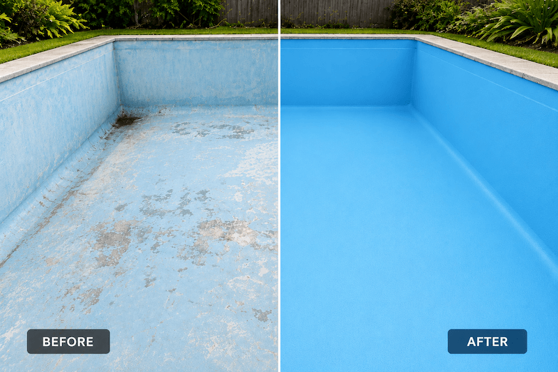 Before and after comparison of a residential swimming pool coated with Rust-Oleum 9100 epoxy