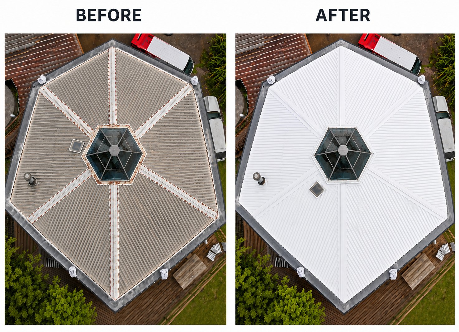 Before and after of the Titirangi hexagonal asbestos roof encapsulated with Noxyde