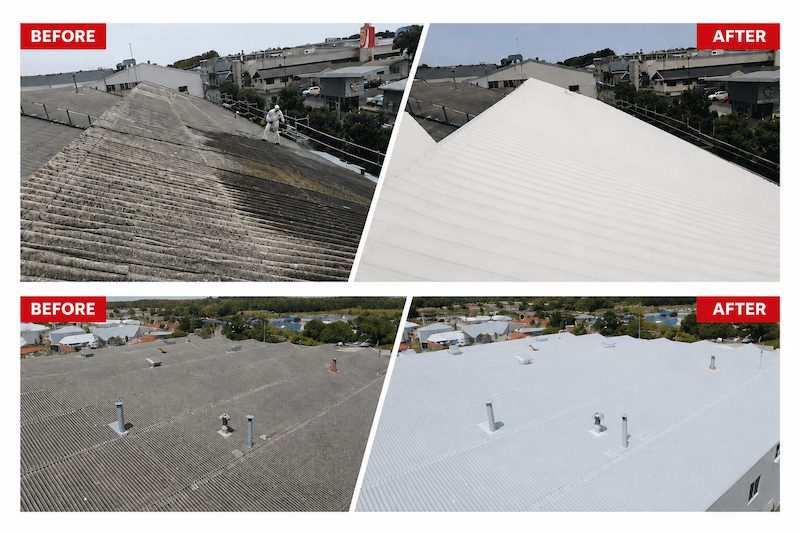 Before and after: weathered asbestos-cement roofs encapsulated with white Noxyde membrane