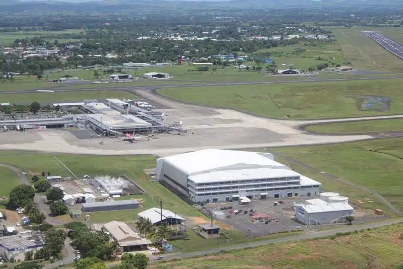 Aerial view of Nadi International Airport, Fiji, with a large white Noxyde-coated roof