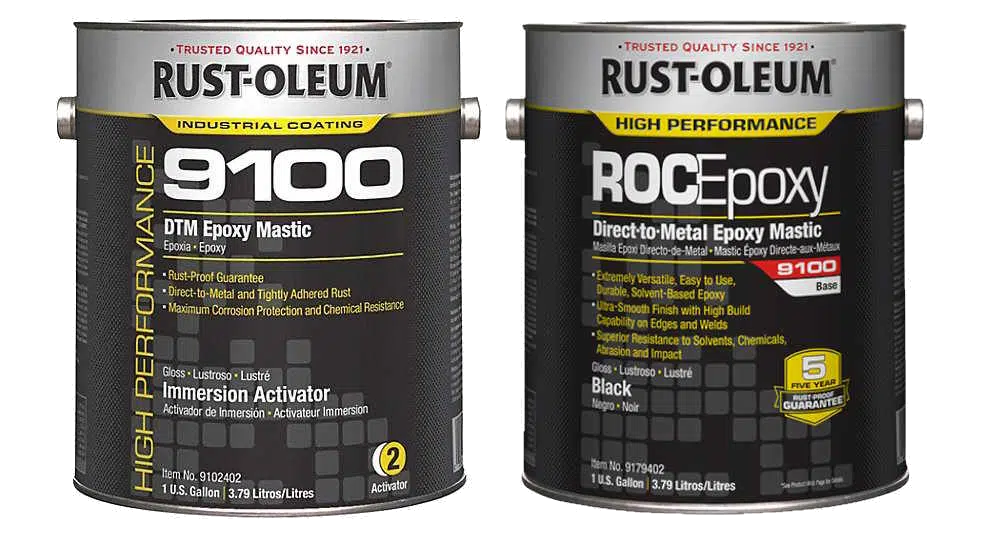 Rust-Oleum 9100 High Build Swimming Pool Epoxy — two 3.79 litre US gallon tins: base and immersion activator