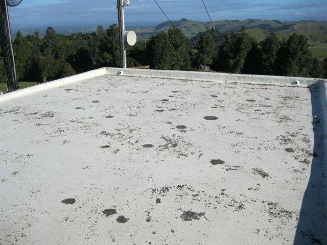 A weathered flat roof with peeling coating and exposed patches — this is what a roof should NOT look like