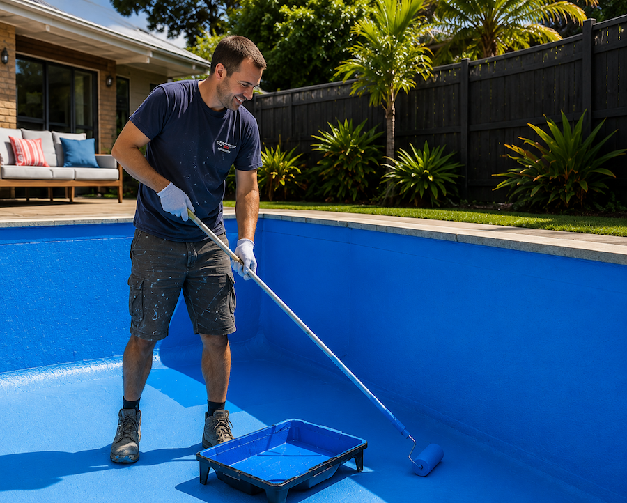 Painter roller-applying Rust-Oleum 9100 blue pool epoxy to a prepared residential pool shell