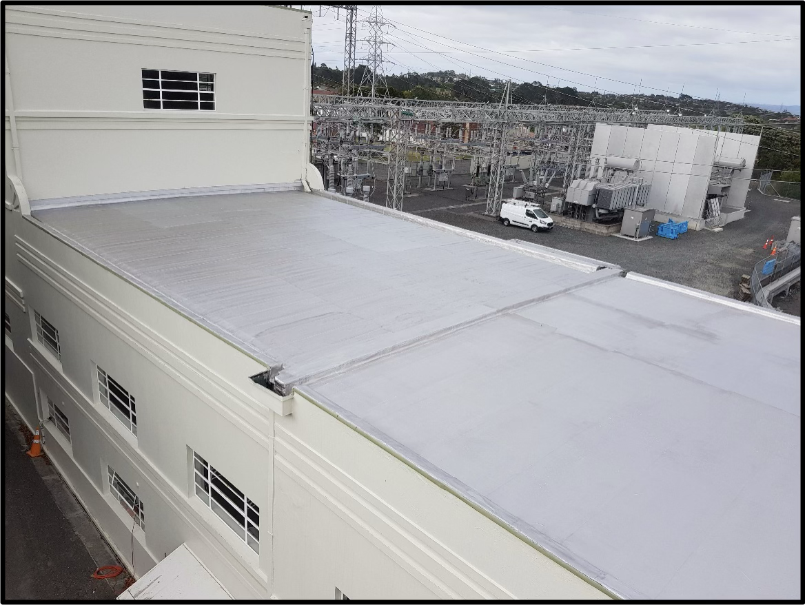 Transpower substation roof sealed with a seamless Double Eagle waterproofing membrane