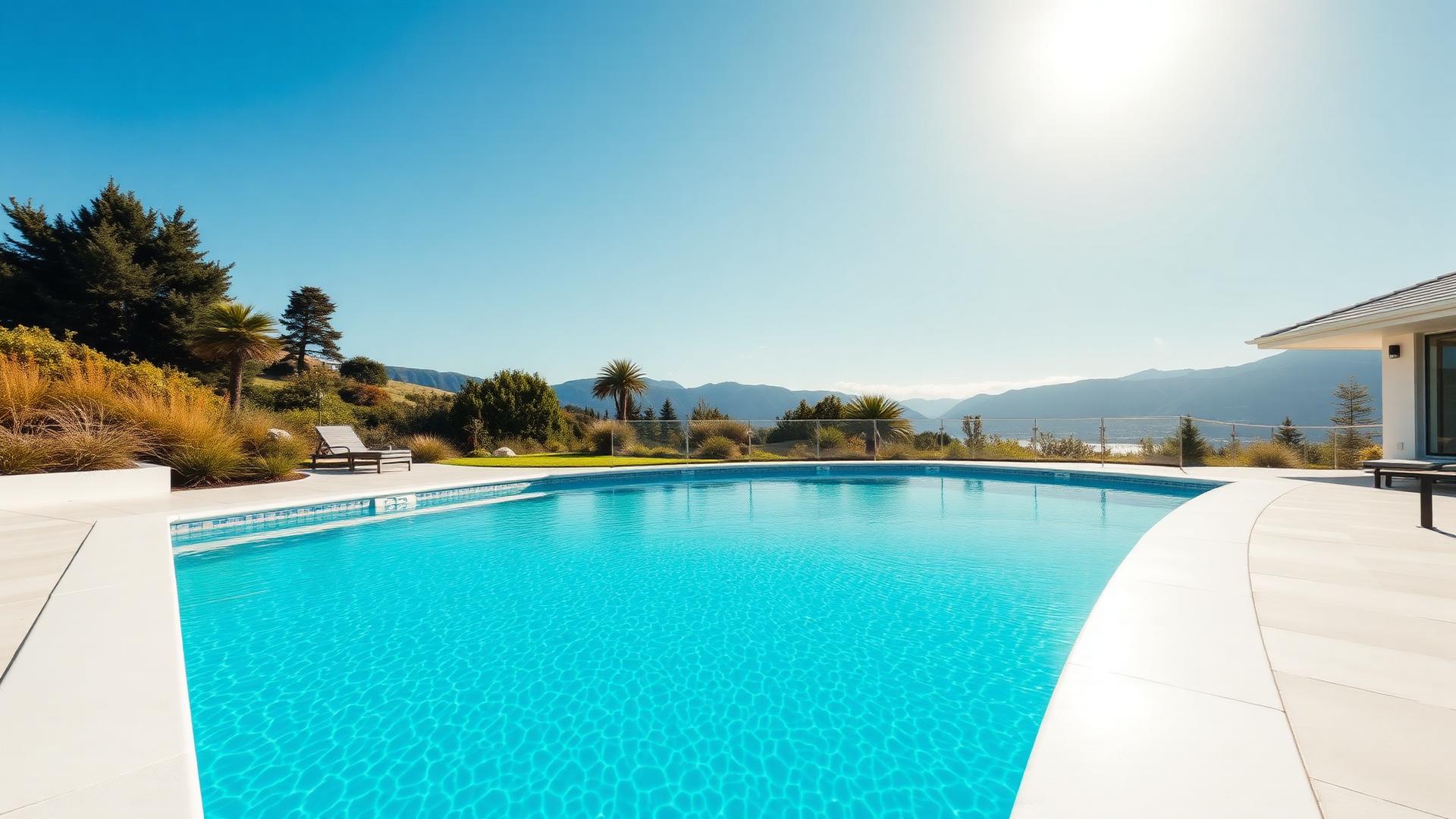 Modern swimming pool coated with Rust-Oleum 9100 epoxy in a bright New Zealand setting